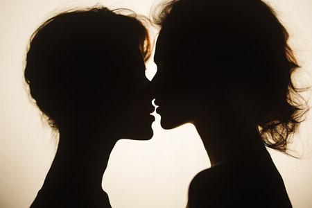 Two individuals create beautiful silhouettes as they lean in to share a tender kiss, framed by soft backlighting that accentuates their features and intimacy.の素材