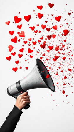 A person holds a megaphone, releasing a flurry of red hearts into the air. This vibrant display symbolizes joy and celebration, capturing the essence of love.の素材