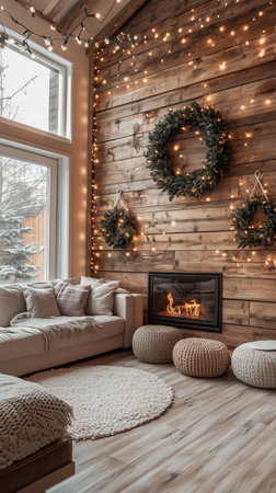 A warm living room features a white fireplace crackling with a fire, adorned with holiday wreaths and twinkling lights. Rustic wooden walls and stacked logs enhance the cozy atmosphere.の素材