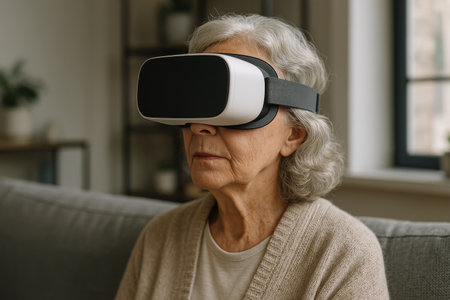 A senior woman wearing a virtual reality headset sits comfortably on a couch in her living room, immersed in an engaging digital experience. Bright daylight filters through the window.の素材