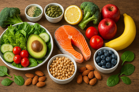 Fresh vegetables, fruits, and fish are arranged neatly on a wooden table, showcasing ingredients for a nutritious meal. Various colors highlight the health benefits.の素材