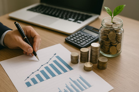 A hand analyzes financial charts while surrounded by stacks of coins, a calculator, a laptop, and a plant in a jar, all indicating a focus on investment and growth.の素材