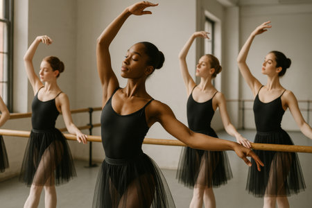 Five ballet dancers rehearse in a sunlit studio, showcasing elegance and poise as they focus intently on their movements in black tutus.の素材