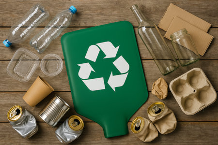 Various recyclable materials including cans, bottles, and cardboard are organized on a wooden surface, promoting environmentally responsible waste disposal practices.の素材