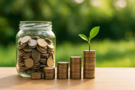 New plants grow from stacks of coins, symbolizing the relationship between investment and growth. Sunlight filters through trees, creating a hopeful atmosphere for future prosperity.の素材