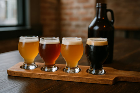 Four glasses of craft beer in varying shades are arranged on a wooden paddle with snacks in the background, creating a warm and inviting atmosphere perfect for tasting beer.の素材
