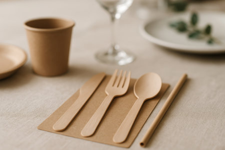 A simple dining arrangement features eco-friendly utensils, a paper cup, and glassware on a neutral table setting in a relaxed restaurant scene. Natural elements add warmth.の素材