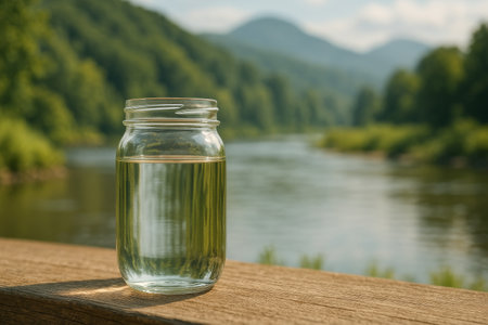 A glass jar filled with clear water rests on a stone by a peaceful lake. Lush green hills frame the calm water, illuminated by bright midday sunlight and fluffy clouds above.の素材