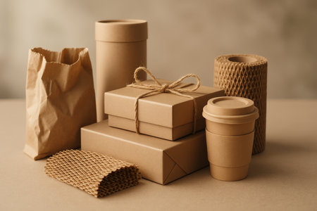 Various packaging supplies including boxes, a bag, and decorative filler are displayed on a wooden surface in a neutral-toned studio setting, highlighting eco-friendly options for gifts.の素材