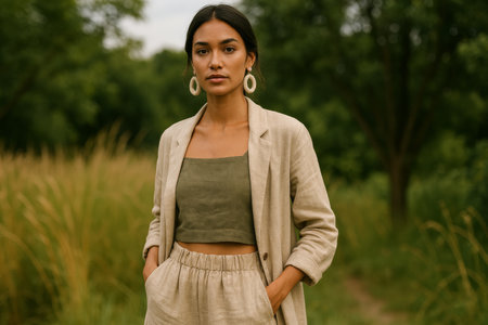 A woman poses in a stylish neutral ensemble amid tall grass, with trees in the background. The soft light of golden hour adds warmth to her calm expression.の素材