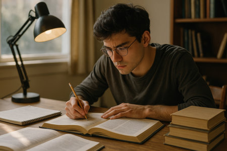 A young man sits at a wooden table, focused on his studies. He writes notes in a book while surrounded by notebooks and stacked books in a cozy indoor space.の素材