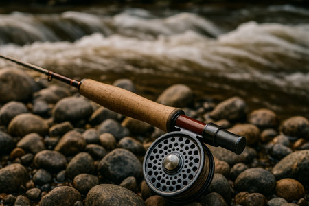 A detailed view of a fly fishing rod and reel placed on smooth stones by a flowing river at sunset. The tranquil water glistens as it moves rapidly, creating a peaceful atmosphere.の素材