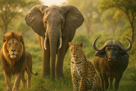 A lion, elephant, leopard, and buffalo stand together in lush grasslands at sunset. The animals display their beauty and power in a serene, natural environment.の素材