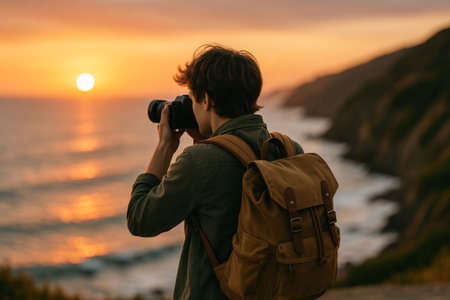 A young man with a backpack stands near the shoreline, focused on capturing the vibrant sunset. The sun reflects on ocean waves, creating a peaceful atmosphere.の素材