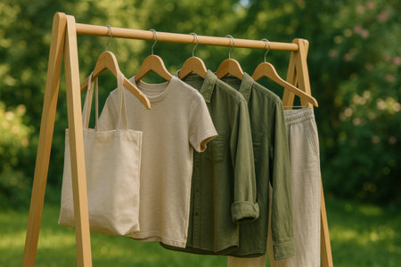 A wooden rack holds stylish clothing, including a beige shirt, a green button-down, and matching pants, all showcased in a bright, lush outdoor park during warm weather.の素材