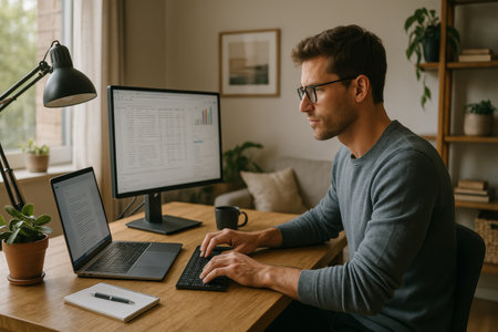 A woman focused on data analysis sits at a desk in a well-lit home office. She types on a keyboard, with a coffee cup and notebook nearby, surrounded by a relaxed atmosphere.の素材