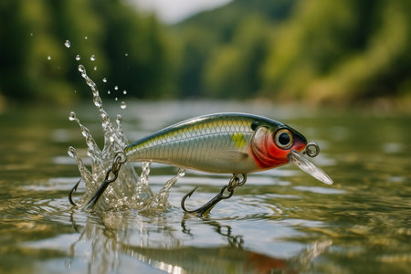 A shiny fishing lure creates splashes in calm, clear water, reflecting the vibrant greenery of a sunny riverside. Nature surrounds the peaceful fishing spot.の素材