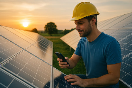 A solar energy technician in a yellow hard hat is checking his smartphone while sitting next to solar panels at a solar farm during sunset. The sky is beautifully lit.の素材
