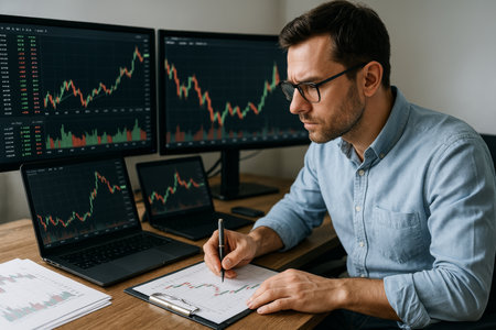 A focused financial analyst examines stock market trends at a contemporary desk. Multiple screens display charts and data, creating a productive work environment.の素材