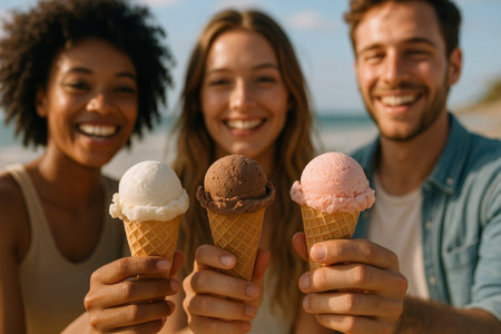 Three friends share laughter and joy while holding colorful ice cream cones at the beach on a sunny day. The ocean waves and bright skies create a cheerful atmosphere.の素材