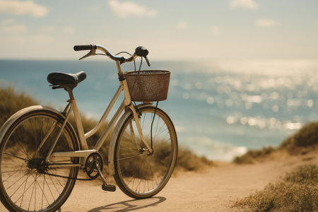 A vintage bicycle with a basket stands on a sandy path that leads to the ocean shore. The sun shines brightly, reflecting off the calm water during midday.の素材