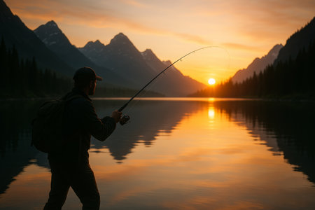 A person casts a fishing line into a calm lake surrounded by towering mountains as the sun sets, creating a tranquil and breathtaking landscape filled with warm colors.の素材