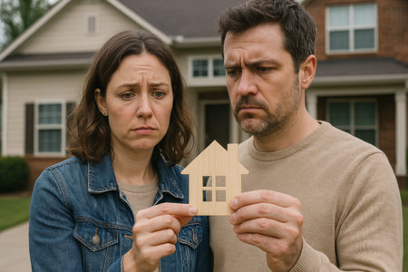 A couple stands outside their house, looking upset as they hold a small wooden house. They appear to be contemplating their situation together.の素材