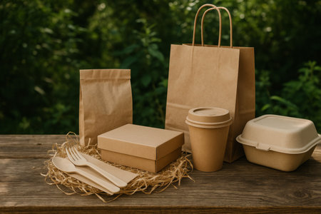 Various eco-friendly packaging items are arranged on a rustic wooden table, surrounded by lush green foliage. The collection includes bags, boxes, and disposable cups.の素材