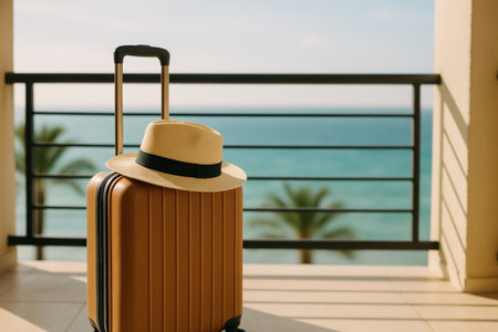 A beige suitcase stands next to a straw hat on a balcony, offering a view of calm ocean waves and palm trees under bright sunlight, creating a perfect vacation vibe.の素材