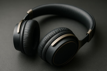 Black headphones are displayed prominently against a dark backdrop, highlighting their sleek design and comfortable ear cushions, perfect for music lovers and audiophiles.の素材