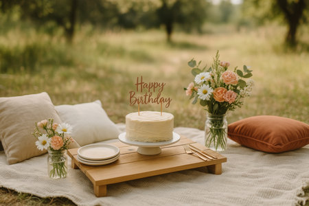 A charming outdoor gathering features a birthday cake adorned with candles, surrounded by fresh flowers, wine, and soft cushions. The serene park backdrop enhances the joyful atmosphere.の素材