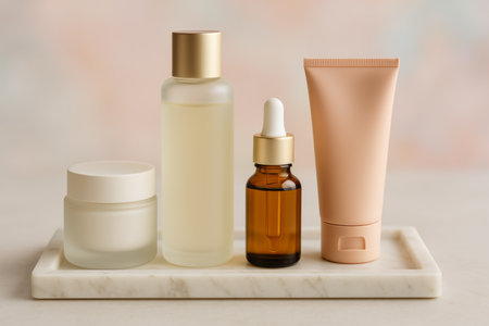 Five skincare products in elegant bottles and jars are displayed on a white marble tray against a soft, pastel backdrop, highlighting the beauty of skincare routines.の素材