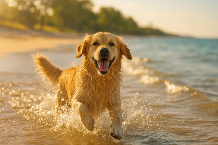 A golden retriever joyfully runs through shallow water, creating splashes on a sandy beach. The warm sun sets in the background, casting a golden hue over the peaceful scene.の素材