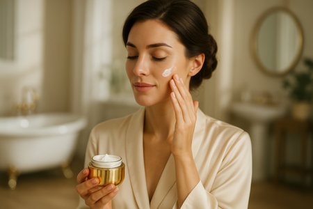 A woman applies moisturizer to her face while sitting in a serene bathroom. Soft natural light highlights her calm expression as she focuses on her skincare routine.の素材