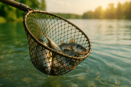 A fisherman retrieves a net filled with several fish from a calm lake as the sun sets, casting a warm glow on the water and surrounding nature.の素材