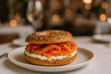 A sesame bagel with a generous filling of smoked salmon and cream cheese sits on a white plate in an elegant dining setting, suggesting a gourmet experience.の素材