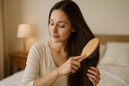 A woman with long hair gently brushes her hair while sitting comfortably in a bright bedroom. Soft lighting creates a calm and serene atmosphere.の素材