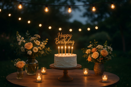 A beautifully decorated table features a birthday cake with candles, surrounded by floral arrangements and soft glowing lights in an outdoor garden during twilight.の素材