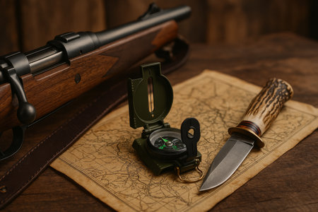 A compass and knife rest on an old map beside a rifle. This setup suggests an adventure in the wilderness, emphasizing exploration and preparation for outdoor activities.の素材