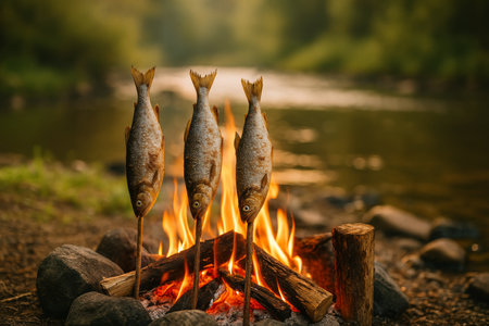 Three fish are being grilled over an open fire on sticks near a calm river, surrounded by lush greenery and a warm sunset glow, creating a peaceful outdoor atmosphere.の素材