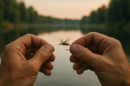 Two hands prepare a fly for fishing while sitting by a tranquil river. The setting sun casts a warm glow over the water, surrounded by lush greenery.の素材