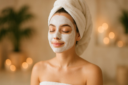 A young woman enjoys a facial treatment, wearing a calming face mask while wrapped in a towel, surrounded by soft ambient lighting and a tranquil atmosphere.の素材