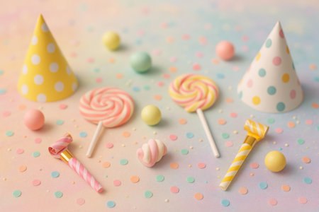 Festive decorations showcase party hats, balloons, sweets, and confetti laid out on a pastel background, creating a playful birthday atmosphere for a joyful celebration.の素材