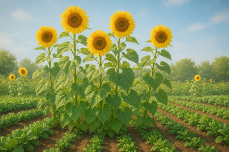 Bright sunflowers rise against a lush green landscape filled with rows of vegetables under clear midday skies, showing natures beauty in a rural farming area.の素材