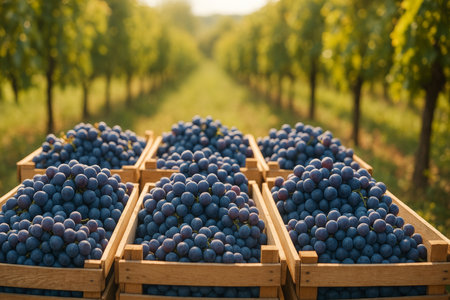 Wooden crates filled with plump, ripe grapes are lined up in a lush vineyard. The warm sunlight illuminates the vibrant green vines in the background, indicating late summer.の素材