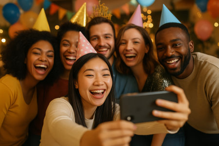 A group of six friends is enjoying themselves while taking a selfie at a birthday party. Colorful party hats and decorations create a lively and cheerful ambiance.の素材