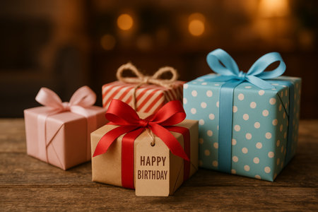 Four beautifully wrapped birthday gifts in different colors sit on a rustic wooden table, ready to be opened during a joyful celebration with friends and family.の素材
