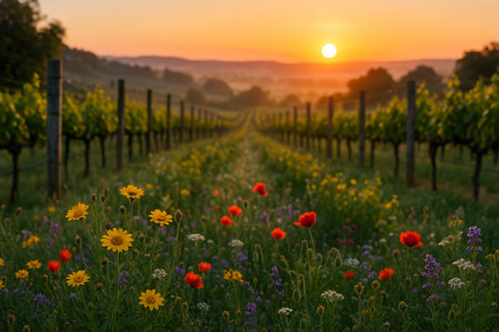 A breathtaking sunset casts warm hues over a lush vineyard, where vibrant wildflowers bloom in the foreground, creating a picturesque landscape in the evening light.の素材