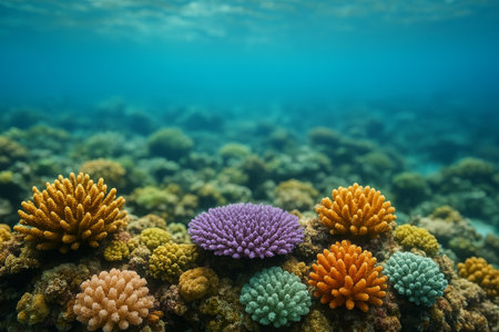 Colorful corals flourish under clear blue waters, showing a variety of shapes and textures in a thriving reef ecosystem.の素材
