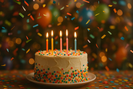 A delicious birthday cake decorated with vibrant sprinkles and four lit candles is surrounded by festive confetti. The joyous moment showcases celebration and happiness.の素材